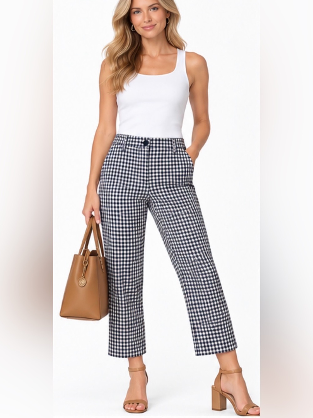Michael Kors Collection Navy White Gingham Cropped Pants Made in Italy Size 6